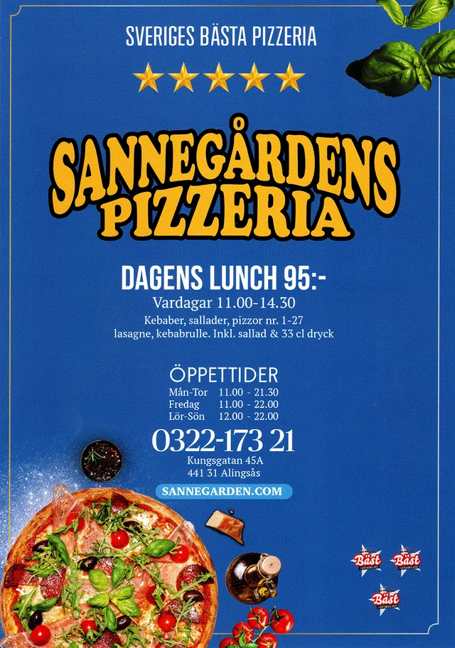 Menyn för Sannegårdens Pizzeria, Alingsås