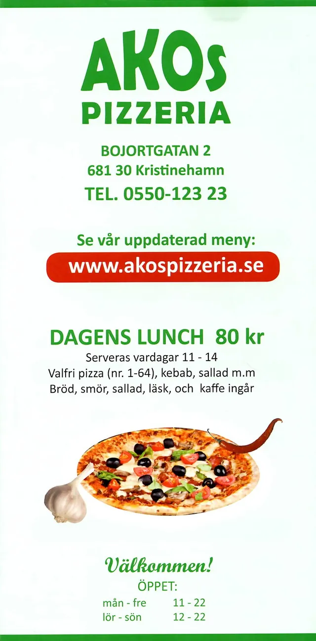 Menyn för Akos Pizzeria, Kristinehamn