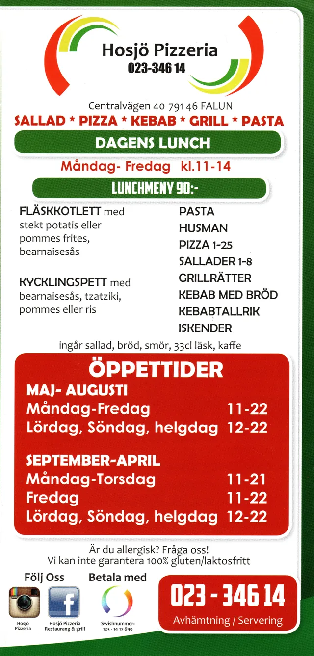 Menyn för Hosjö Pizzeria, Falun
