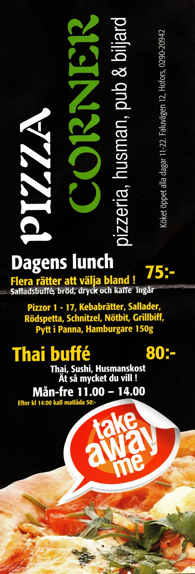 Menyn för Pizza Corner, Hofors