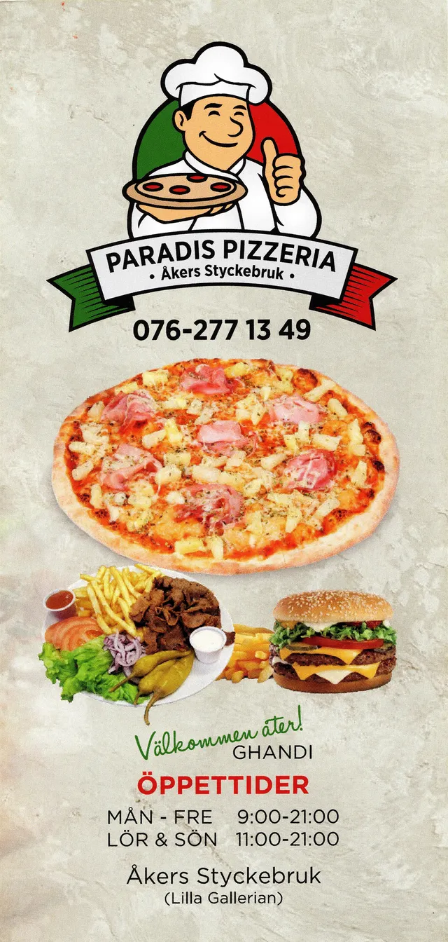 Menyn för Paradis Pizzeria, Strängnäs