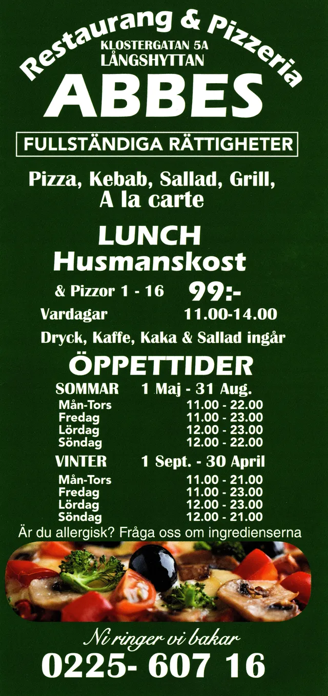 Menyn för Abbes Pizzeria, Hedemora