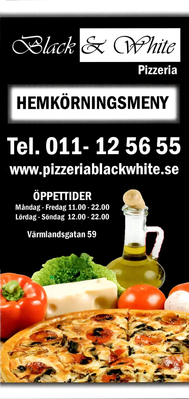 Menyn för Black & White Pizzeria, Norrköping