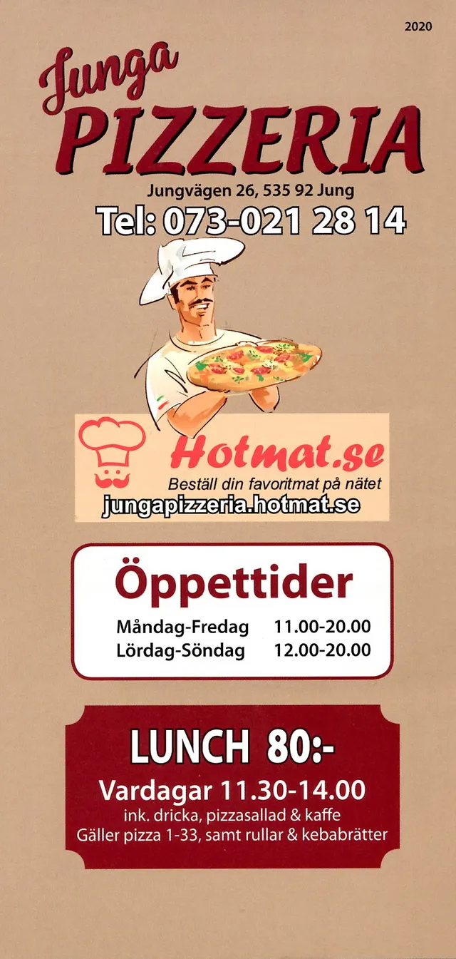 Menyn för Junga Pizzeria, Vara