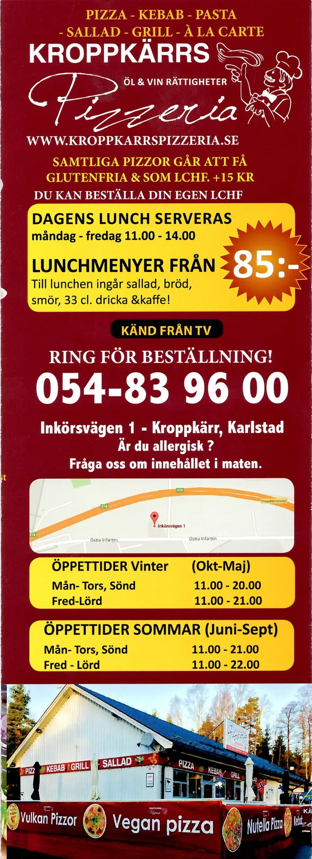 Menyn för Kroppkärrs pizzeria, Karlstad
