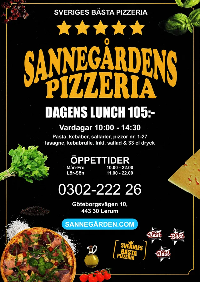 Menyn för Sannegårdens Pizzeria, Lerum