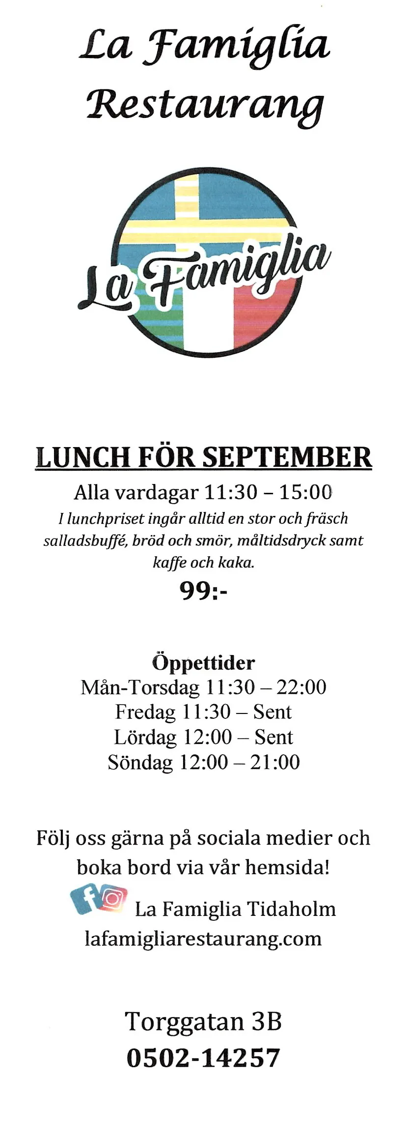 Bild på menyn för La Famiglia Restaurang, Tidaholm