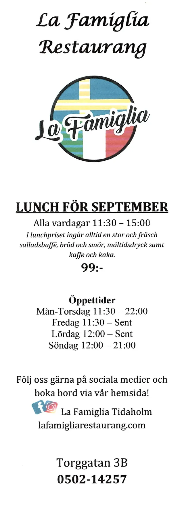 Menyn för La Famiglia Restaurang, Tidaholm