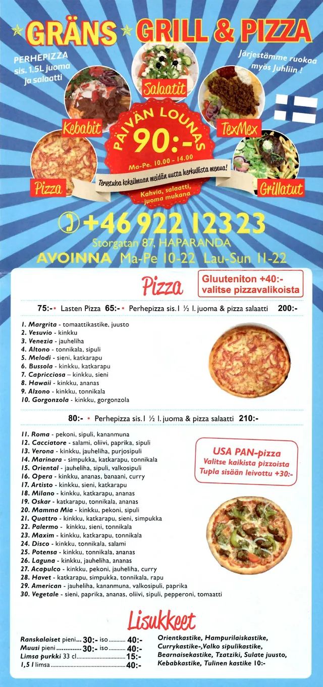 Menyn för Gräns Grill & Pizza, Haparanda