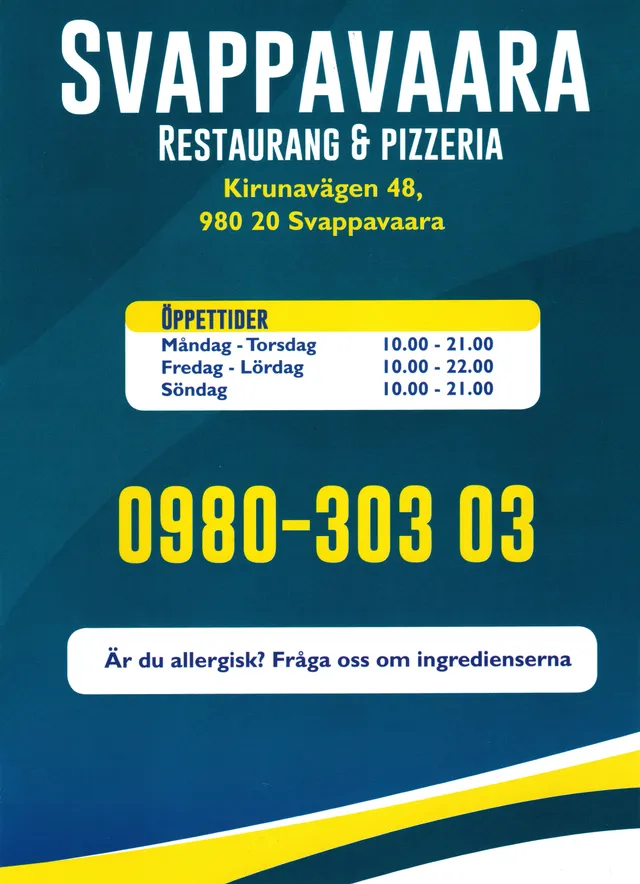 Menyn för Svappavaara Pizzeria, Kiruna