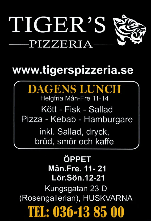 Menyn för Tigers Pizzeria, Jönköping