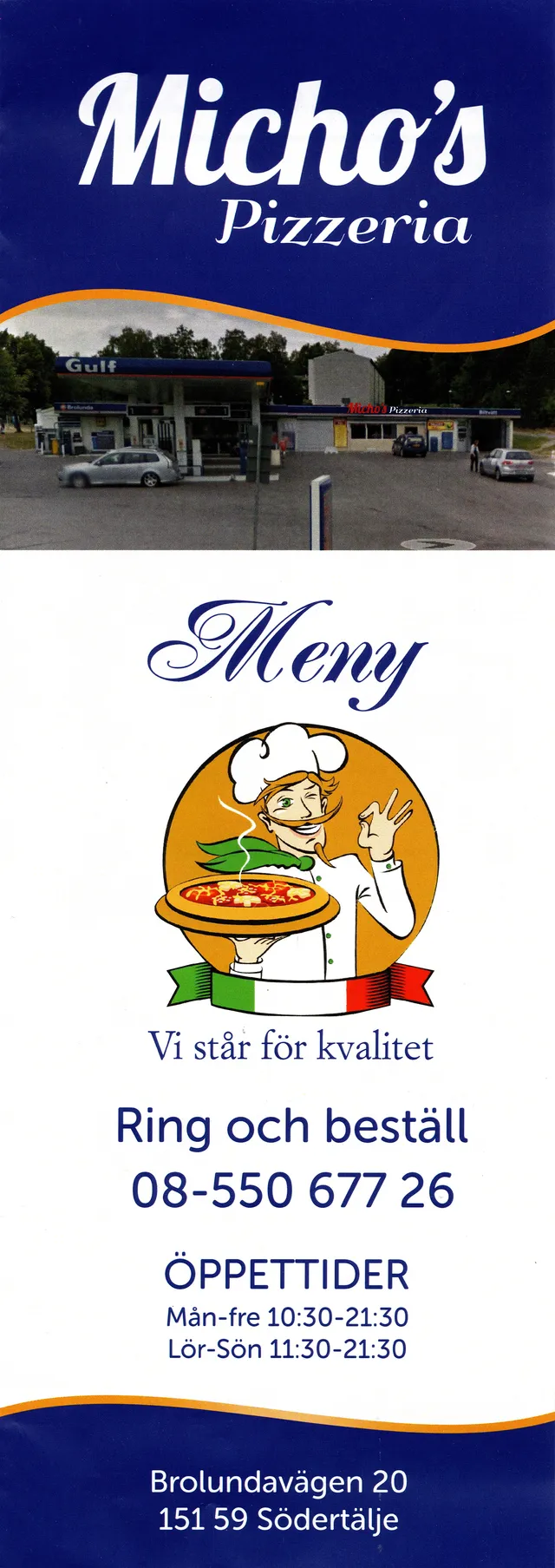 Menyn för Micho's Pizzeria, Södertälje