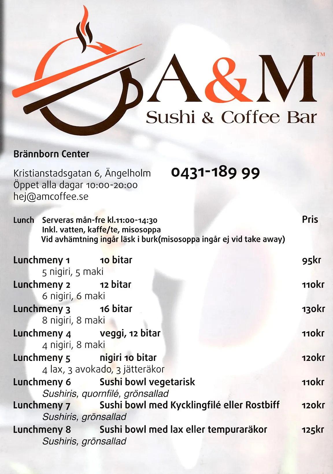 Bild på menyn för A&M Sushi & Coffee Bar, Ängelholm