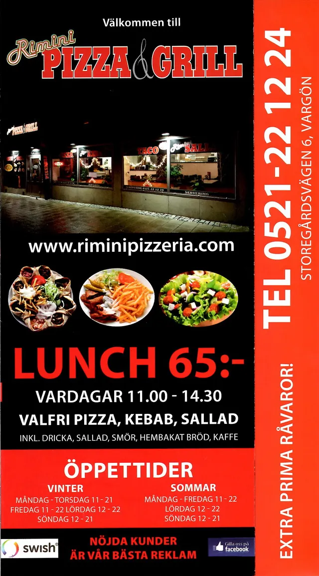 Menyn för Rimini Pizza & Grill, Vänersborg