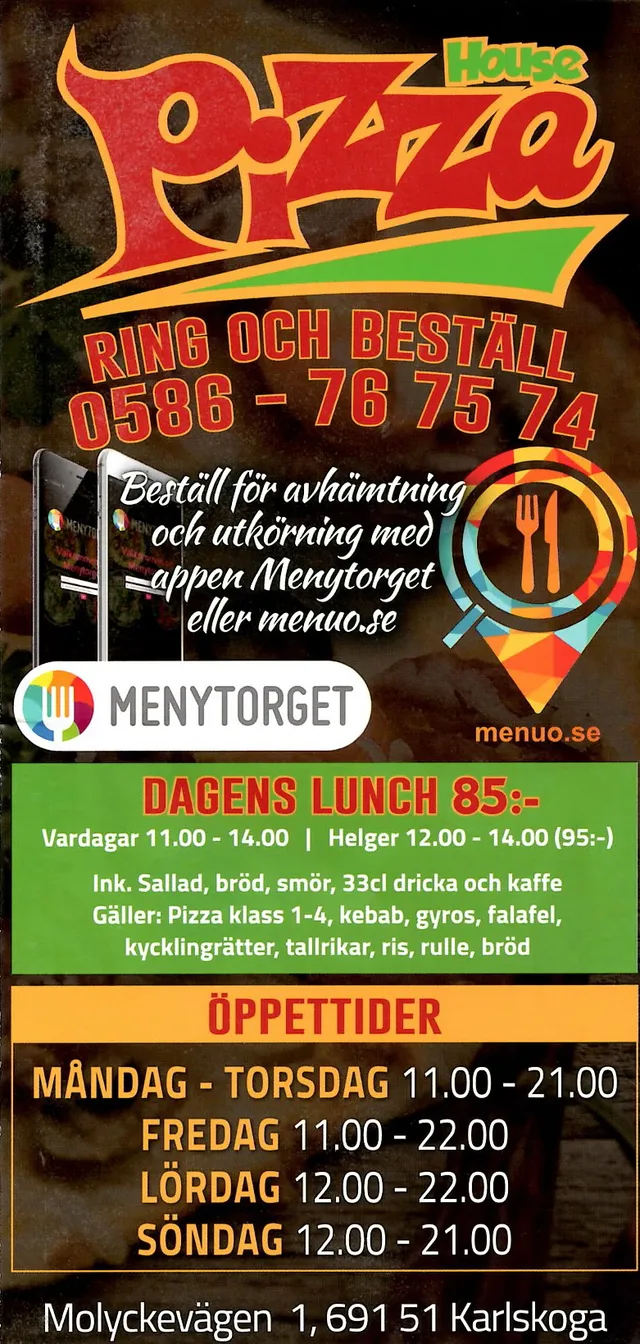 Menyn för Pizza House, Karlskoga