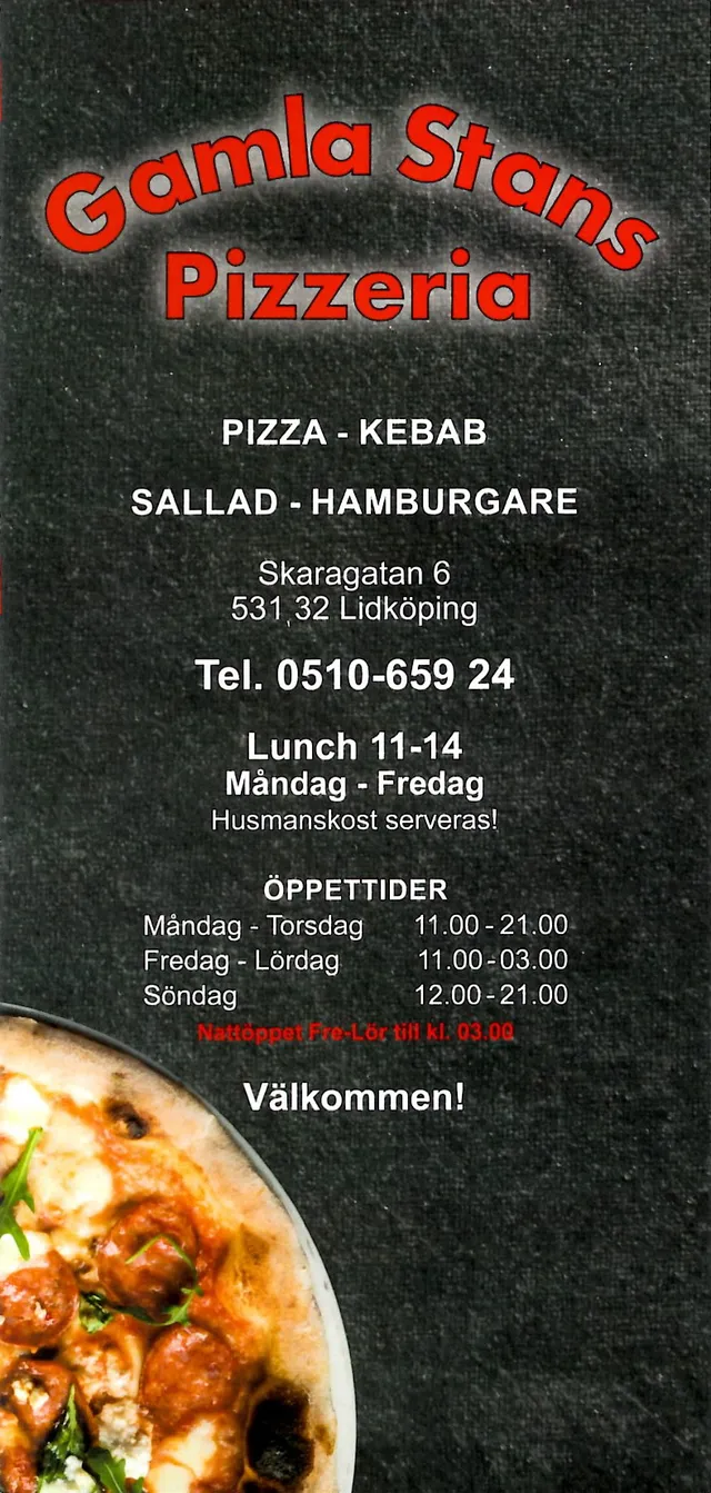 Menyn för Gamla Stans Pizzeria, Lidköping