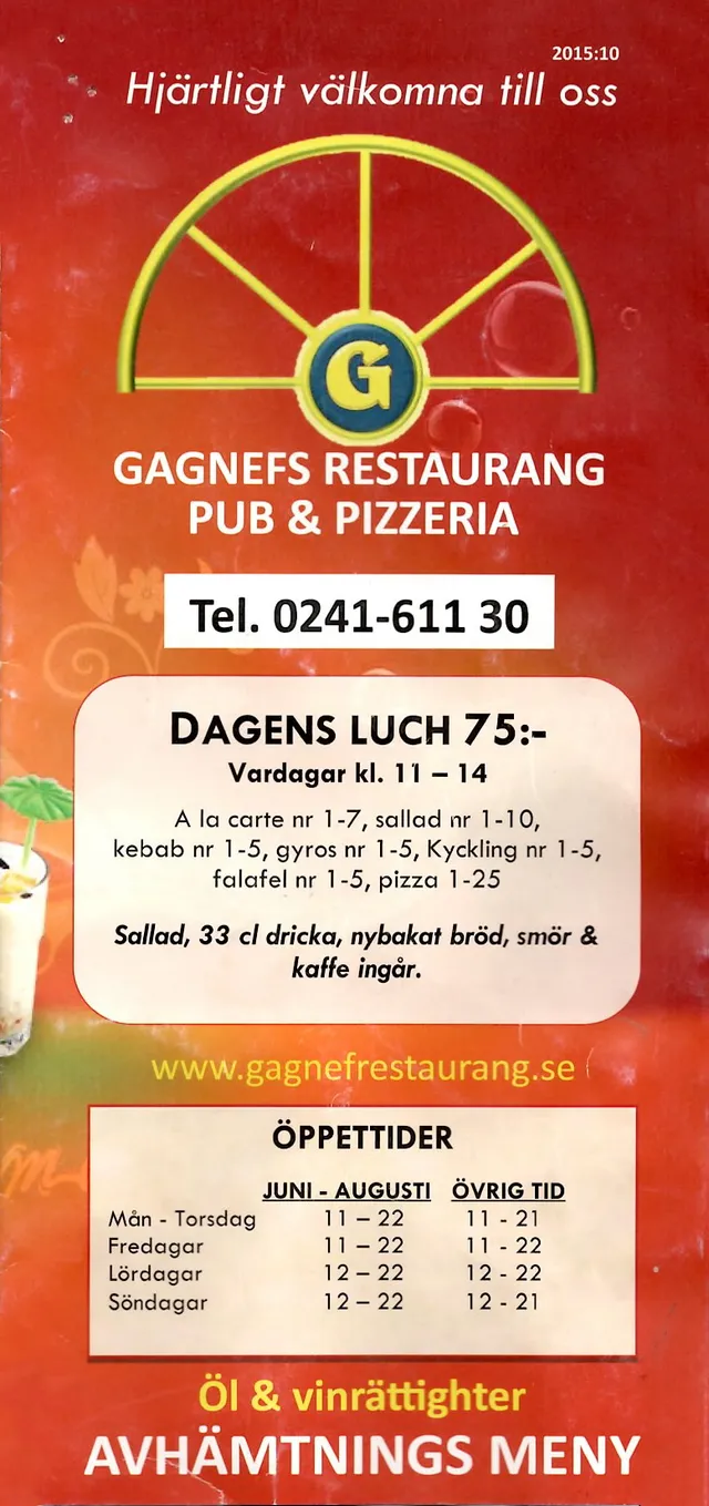 Menyn för Gagnefs Pizzeria, Gagnef