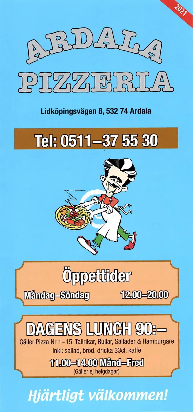 Menyn för Ardala Pizzeria, Skara