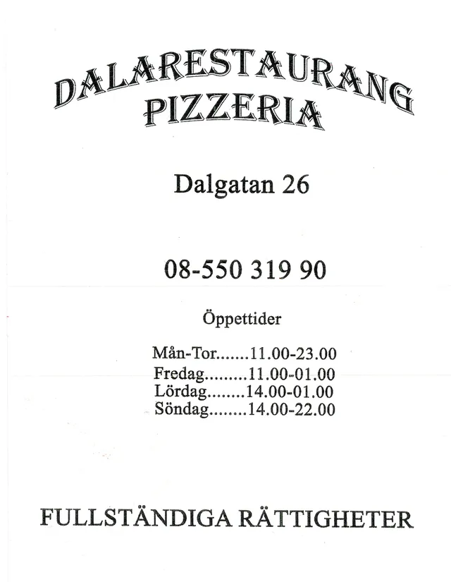 Menyn för Dalarestaurang Pizzeria, Södertälje