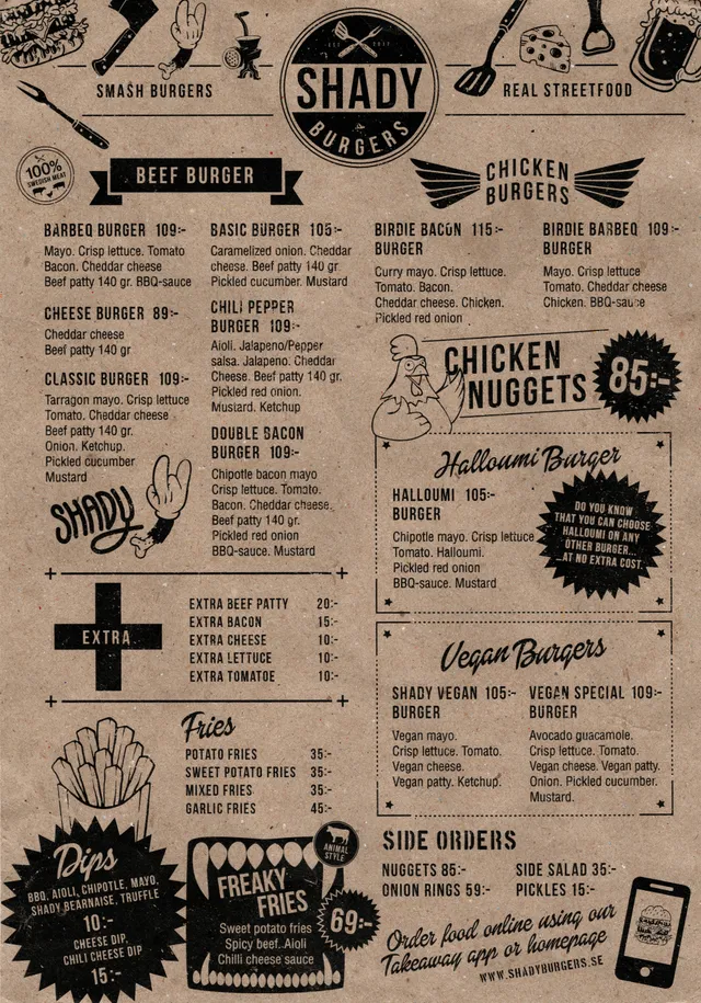 Menyn för Shady Burgers, Eslöv