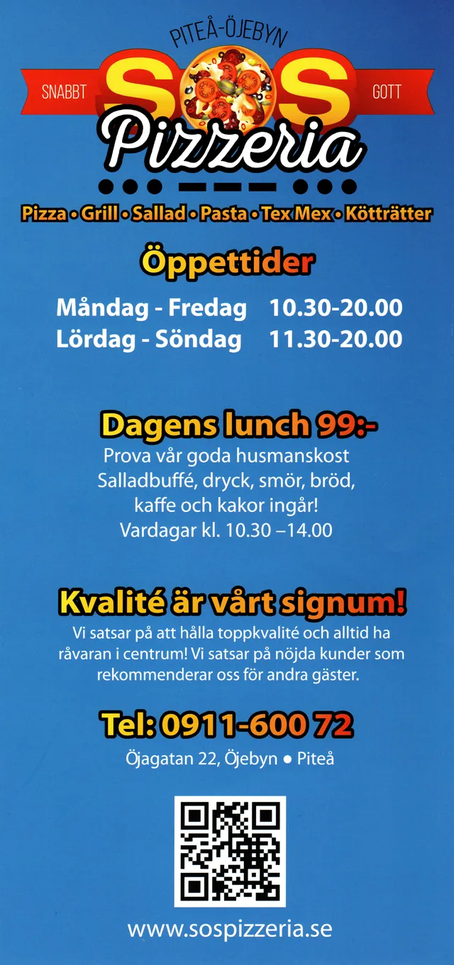 Menyn för Sos Pizzeria, Piteå