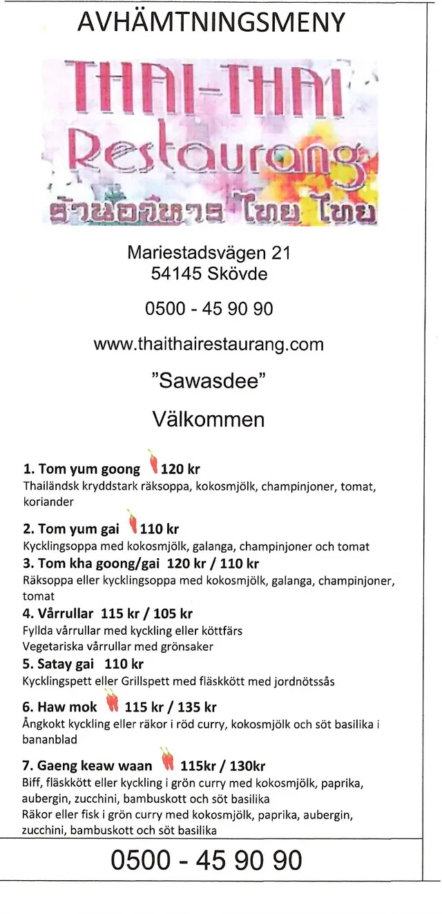 Menyn för Thai-Thai Restaurang, Skövde