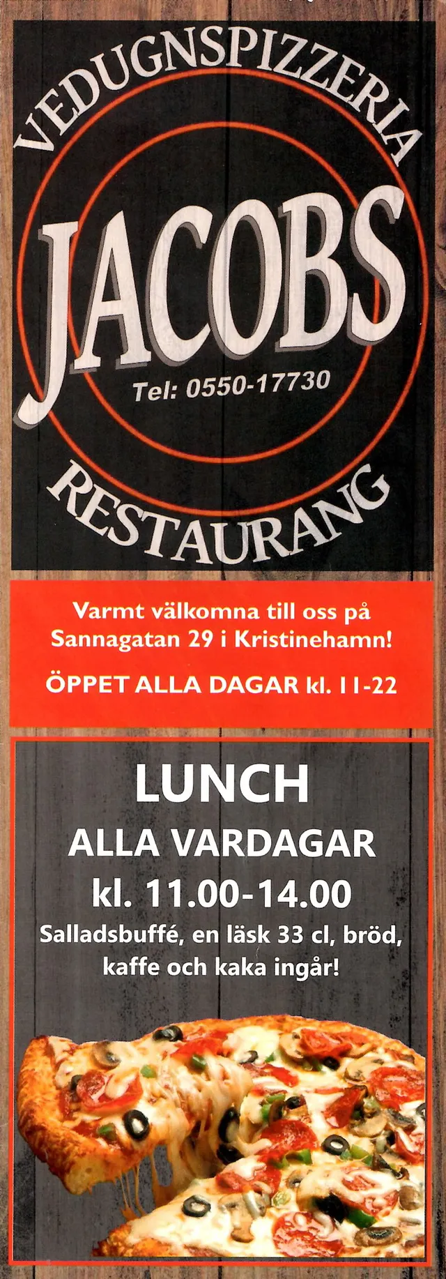Menyn för Jacobs Pizzeria, Kristinehamn