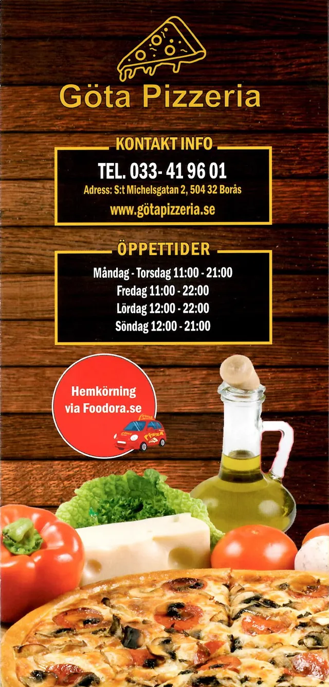 Menyn för Göta Pizzeria, Borås