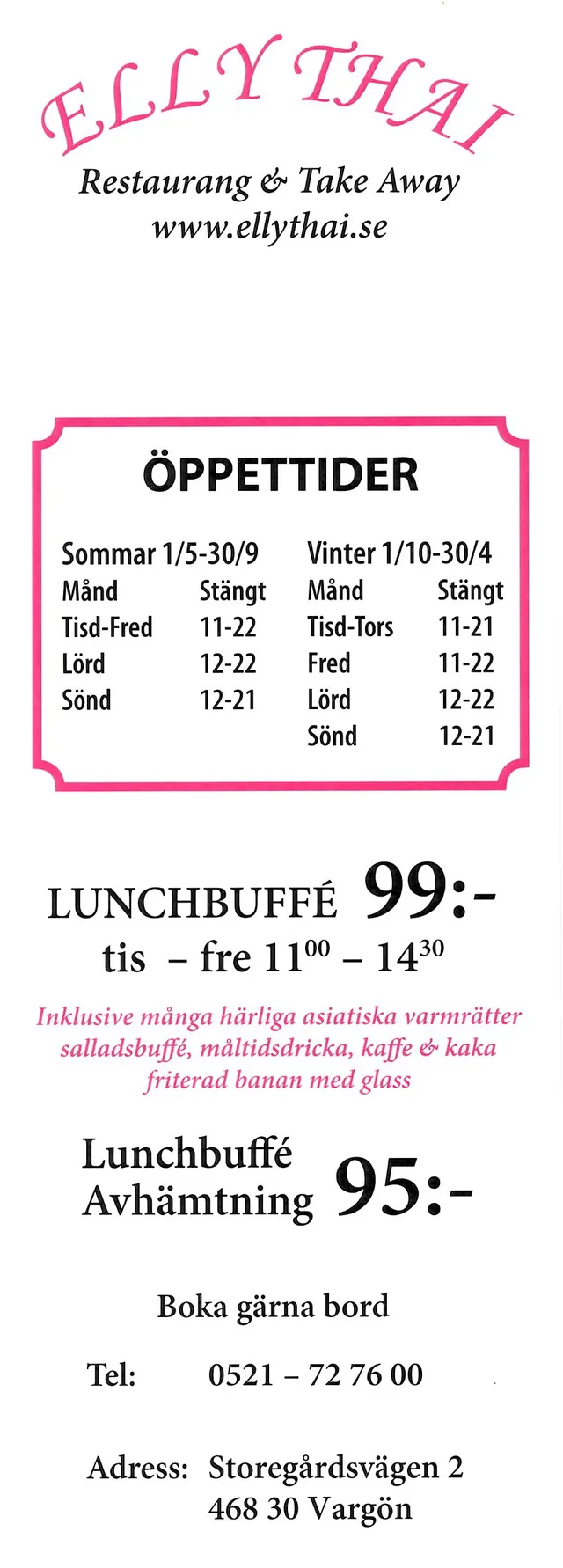 Menyn för Elly Thai, Vänersborg