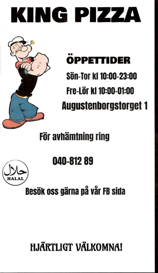 Menyn för King Pizza, Malmö