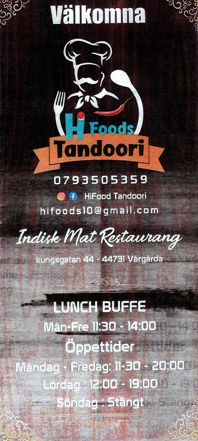 Menyn för Tandoori, Vårgårda