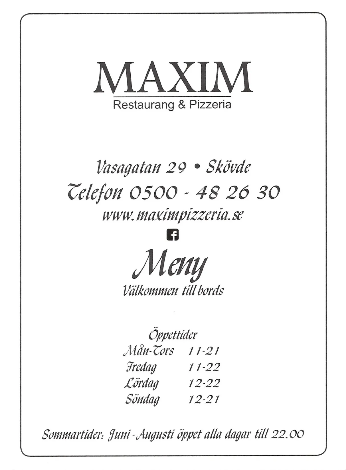 Bild på menyn för Maxim Restaurang & Pizzeria, Skövde