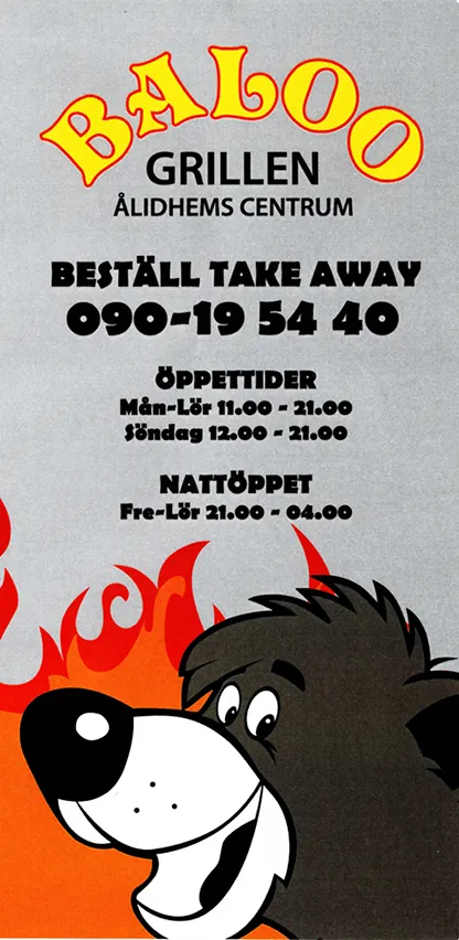 Menyn för Baloo Grillen, Umeå