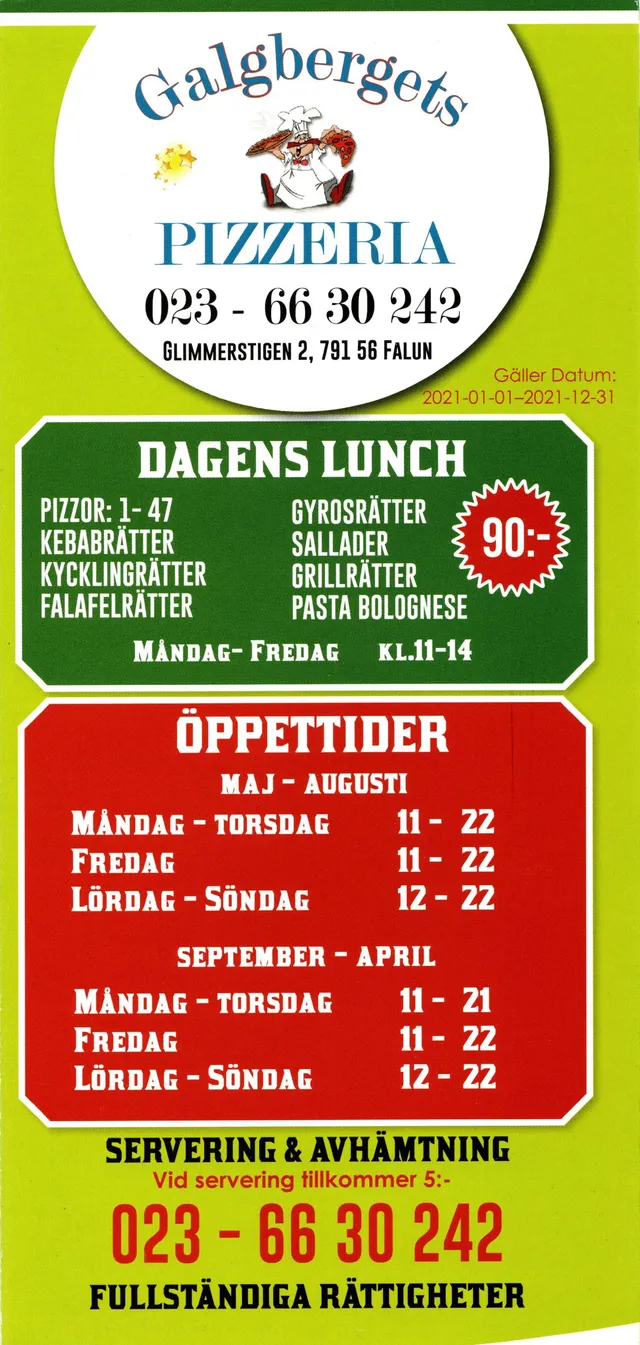 Menyn för Galgbergets Pizzeria, Falun