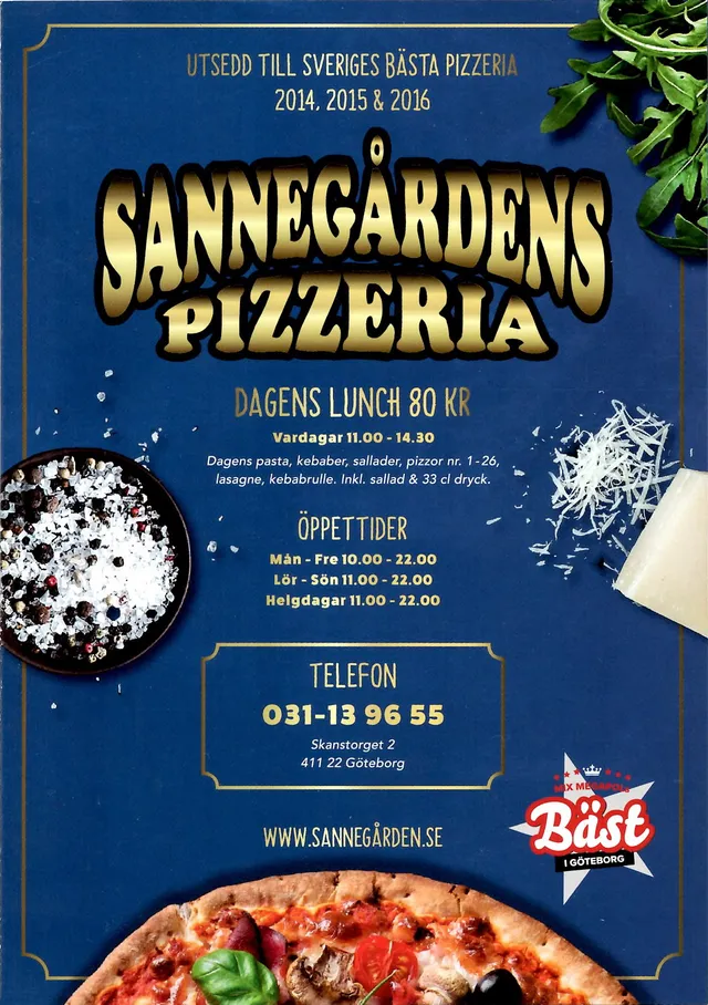 Menyn för Sannegårdens Pizzeria, Göteborg