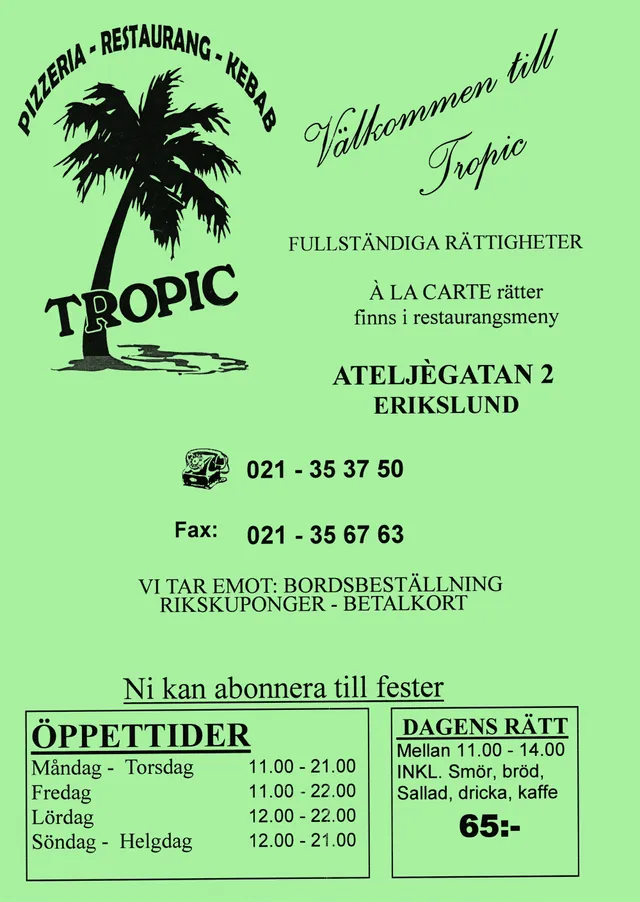 Menyn för Tropic, Västerås