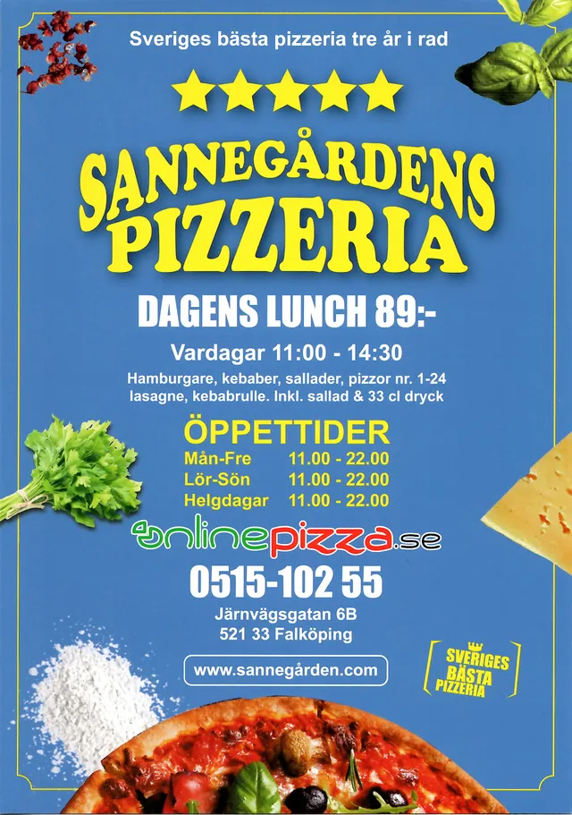 Menyn för Sannegårdens Pizzeria, Falköping