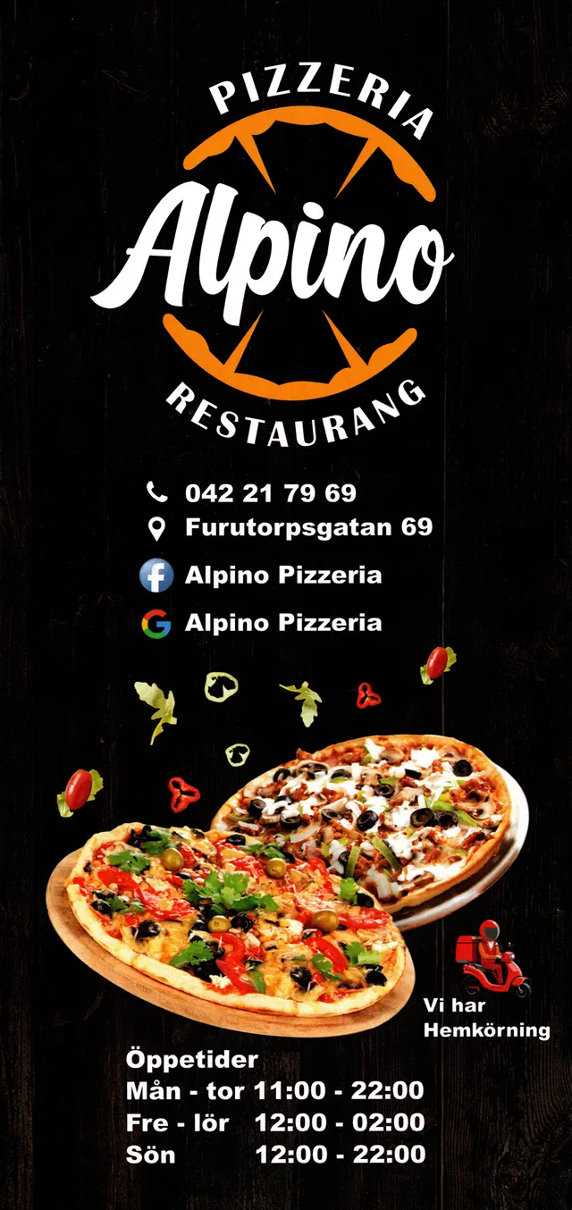 Menyn för Alpino Pizzeria, Helsingborg