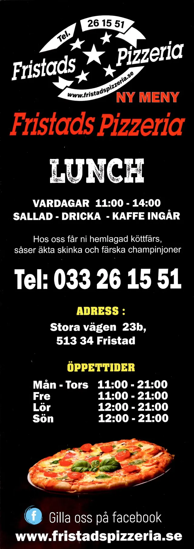 Menyn för Fristads Pizzeria, Borås
