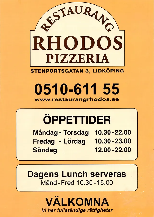 Menyn för Rhodos Pizzeria, Lidköping