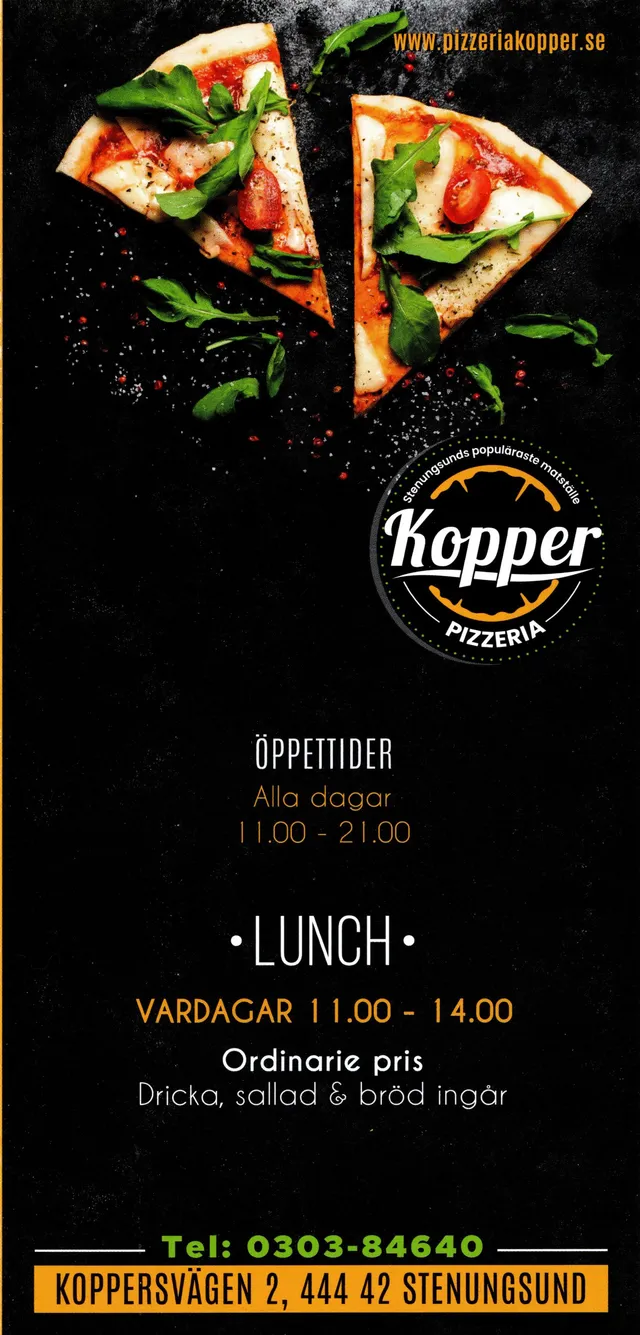 Menyn för Kopper Pizzeria, Stenungsund