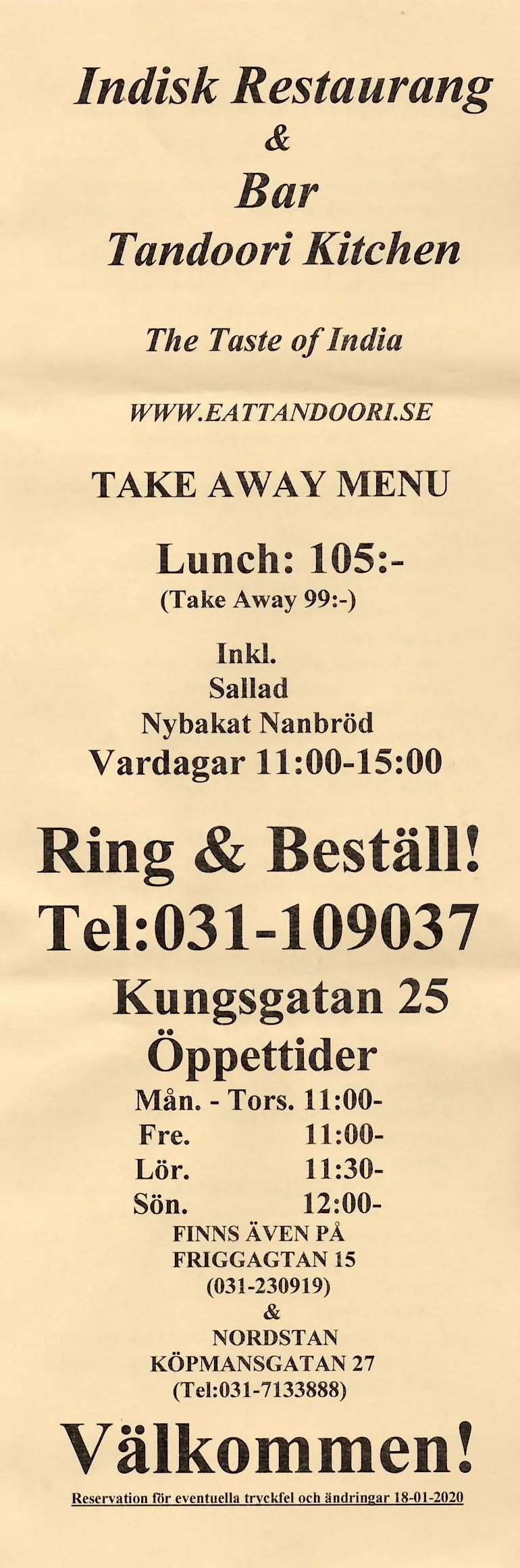 Bild på menyn för Tandoori Kitchen, Göteborg