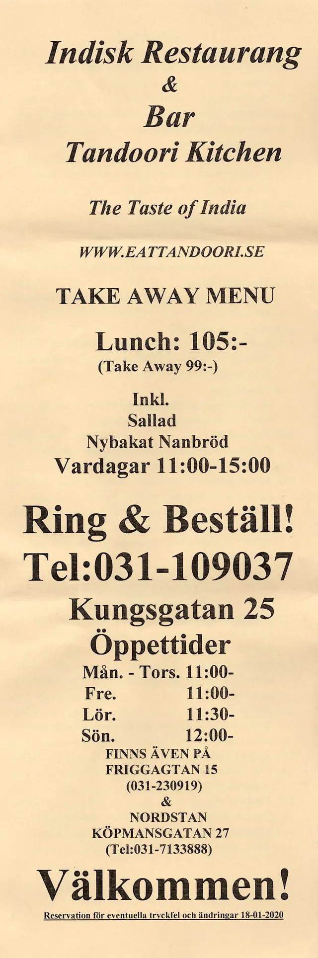 Menyn för Tandoori Kitchen, Göteborg