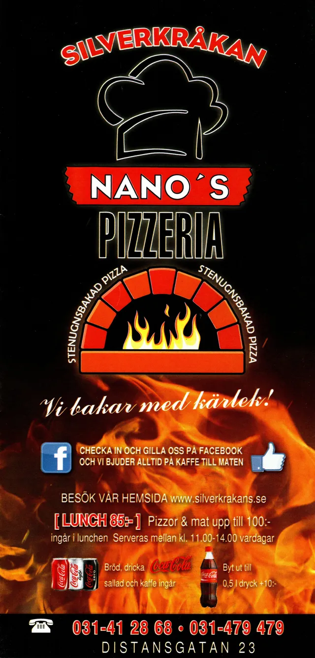 Menyn för Nano's Pizzeria, Göteborg