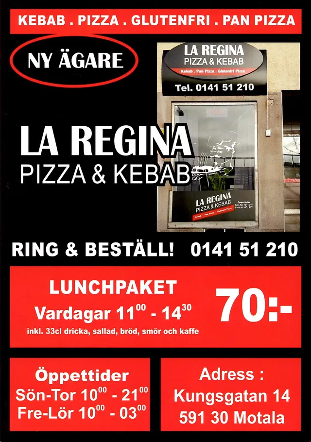 Menyn för La Regina Pizza & Kebab, Motala