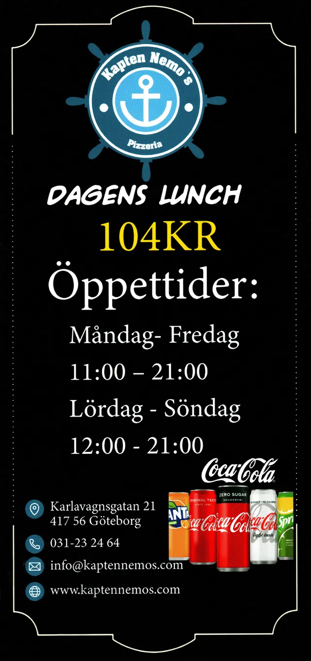 Menyn för Kapten Nemo's Pizzeria, Göteborg